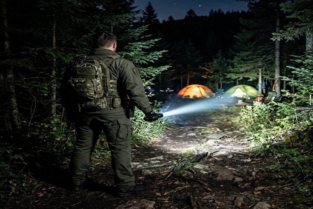 Fenix PD36R PRO Review: The Best Tactical Flashlight for Everyday Carry? Fenix PD36R PRO flashlight beam test illuminating an outdoor trail at night